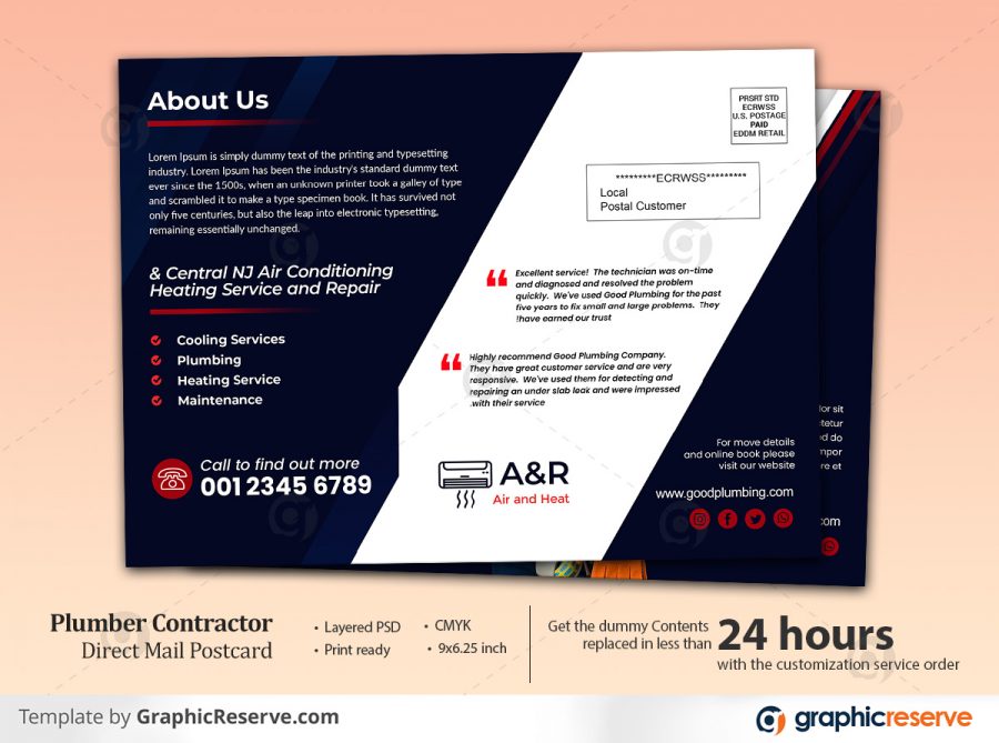 Plumber Contractor air condition repair Eddm Postcard Template