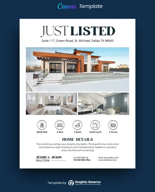 Just Listed Real Estate Flyer Design (Canva template)