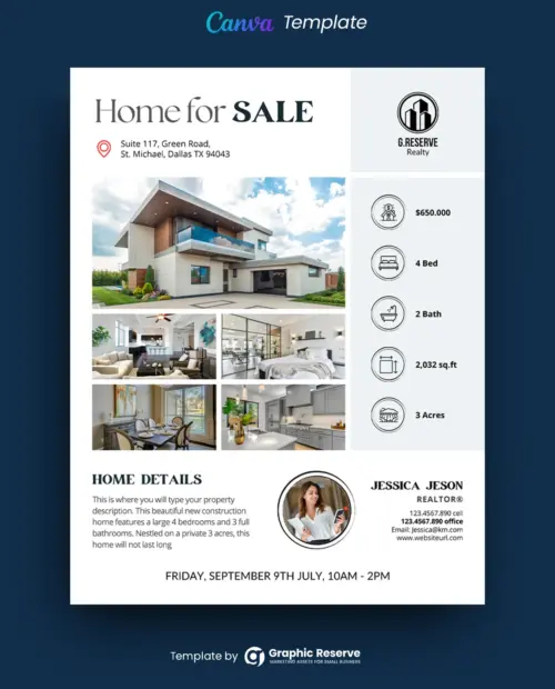 Home for Sale Real Estate Flyer Design (Canva template)