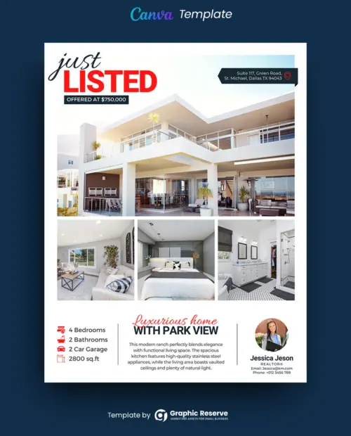 Just Listed Real Estate Agents Flyer Design (Canva template)