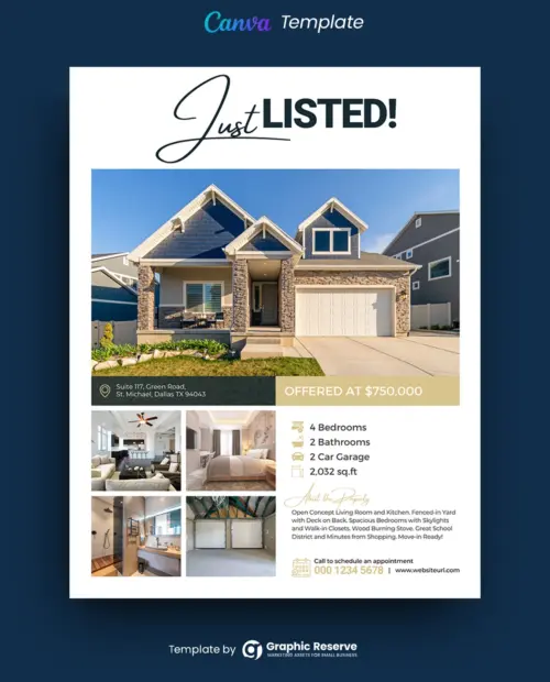 Just Listed Flyer Design for Real Estate Agents (Canva template)