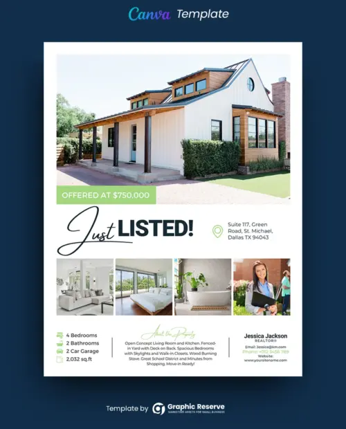 Just Listed Flyer Design for Real Estate Agents (Canva template)