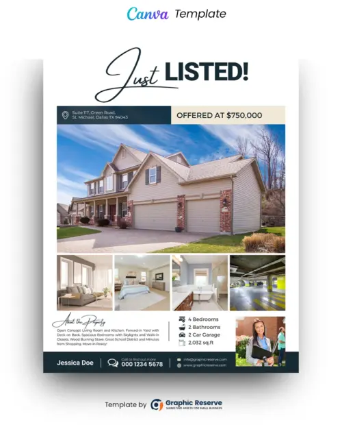 Just Listed Flyer Design for Real Estate Agents (Canva template)