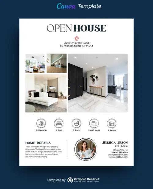 Open House Real Estate Flyer Design (Canva template)
