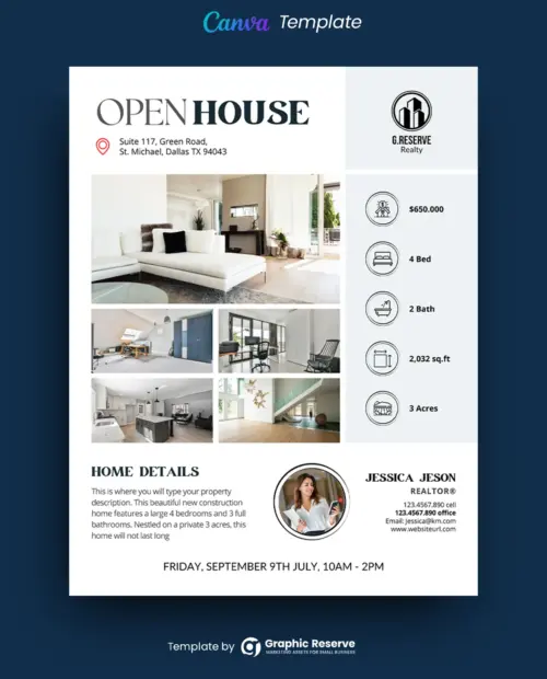 Open House Real Estate Flyer Design (Canva template)