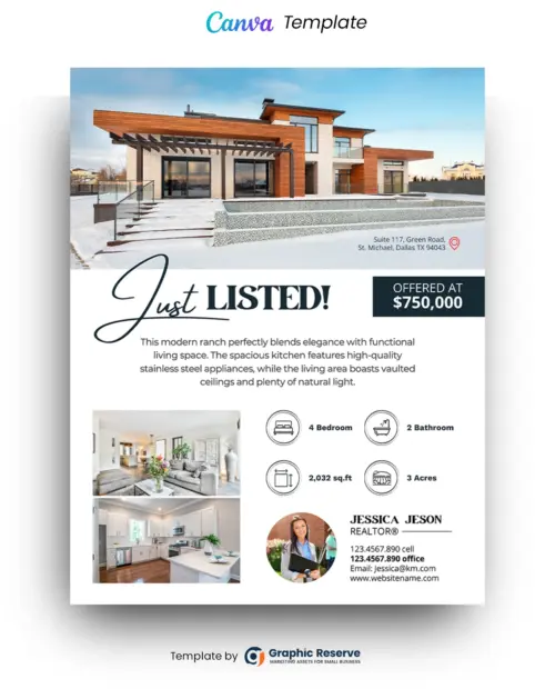 Just Listed Real Estate Flyer Design (Canva template)