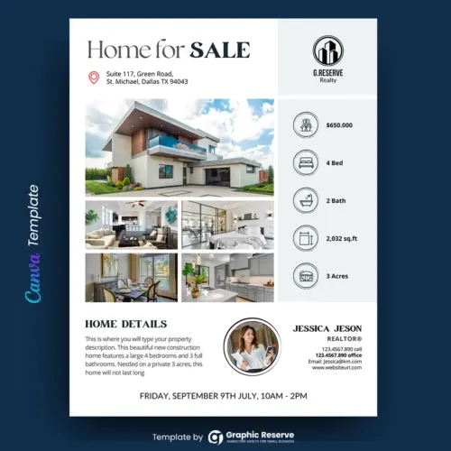Home for Sale Real Estate Flyer Design (Canva template)