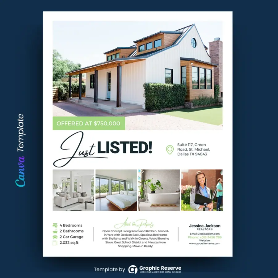 Just Listed Flyer Design for Real Estate Agents (Canva template)