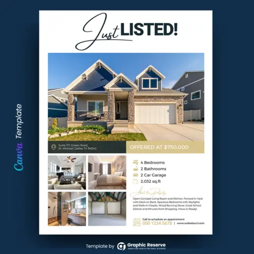 Just Listed Flyer Design for Real Estate Agents (Canva template)