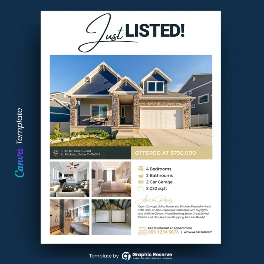 Just Listed Flyer Design for Real Estate Agents (Canva template)