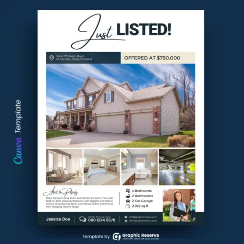 Just Listed Flyer Design for Real Estate Agents (Canva template)