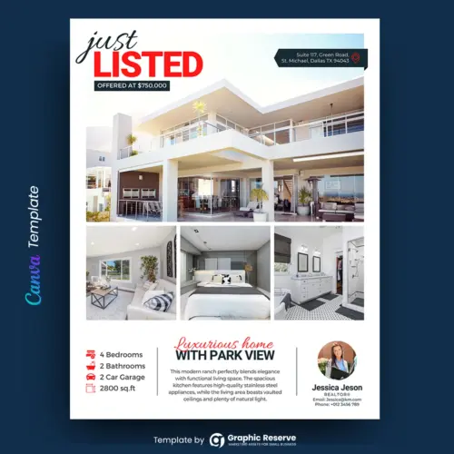 Just Listed Real Estate Agents Flyer Design (Canva template)
