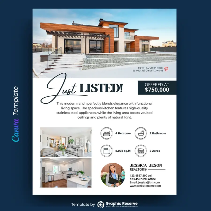Just Listed Real Estate Flyer Design (Canva template)