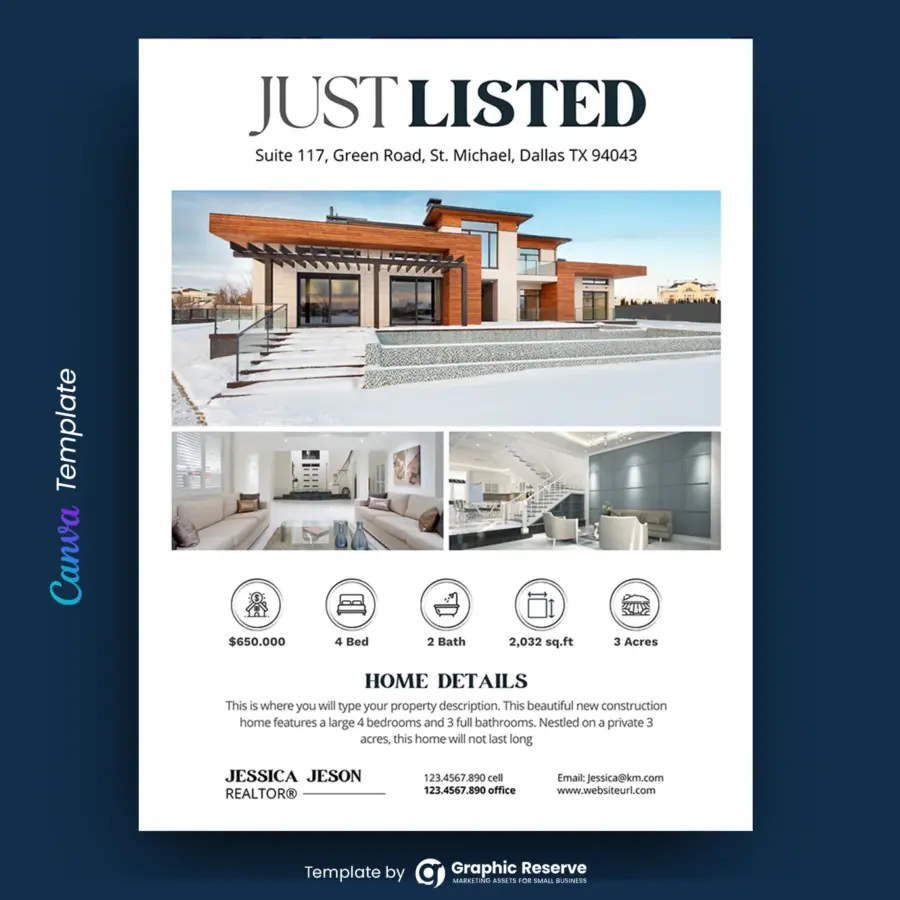 Just Listed Real Estate Flyer Design (Canva template)