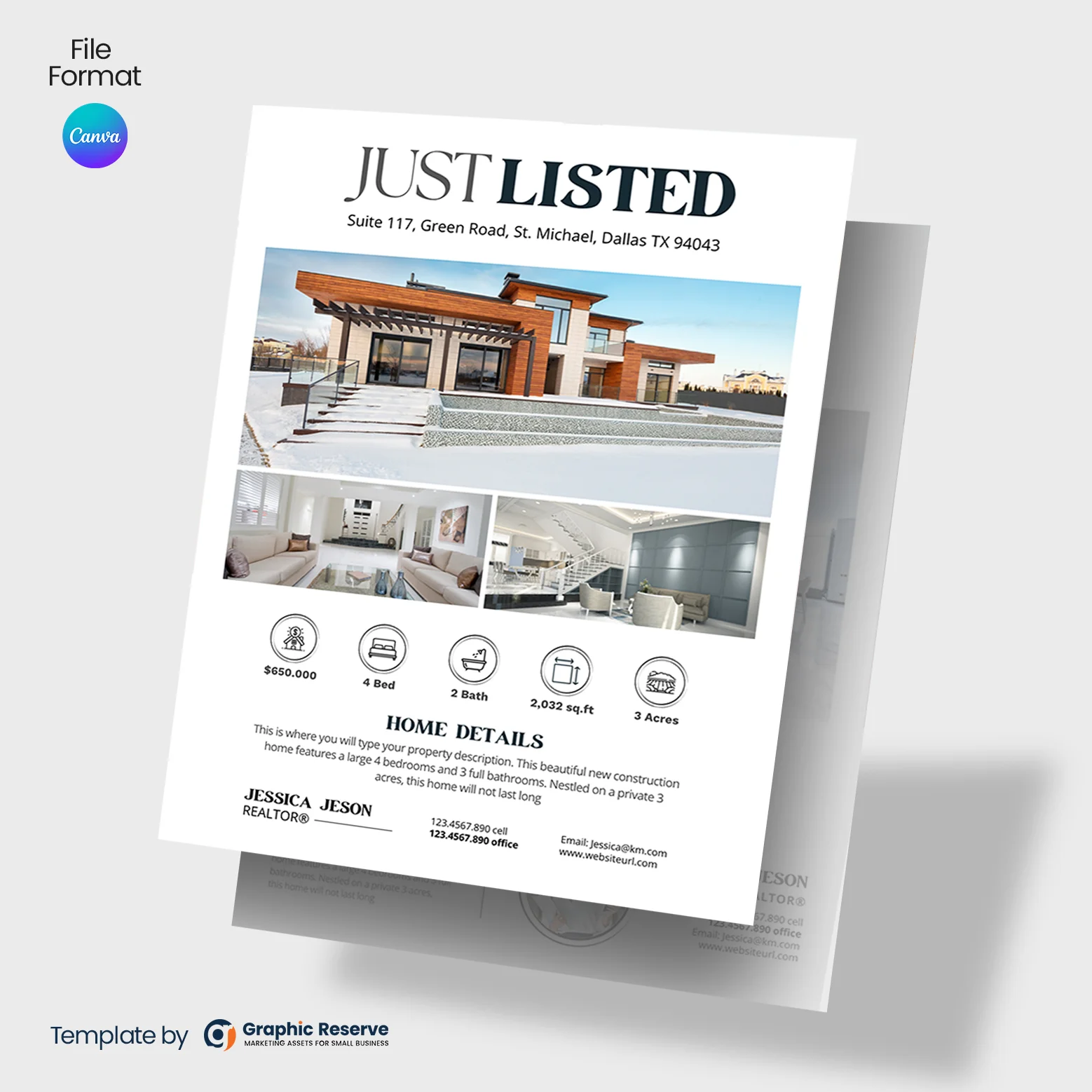 Just Listed Real Estate Flyer Design (Canva template)