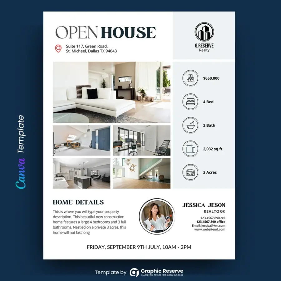 Open House Real Estate Flyer Design (Canva template)