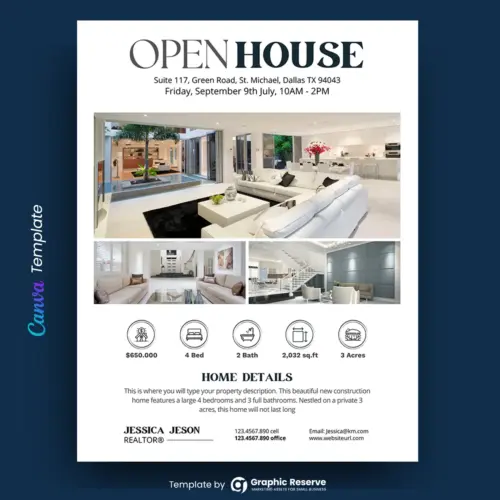 Open House Real Estate Flyer Design (Canva template)
