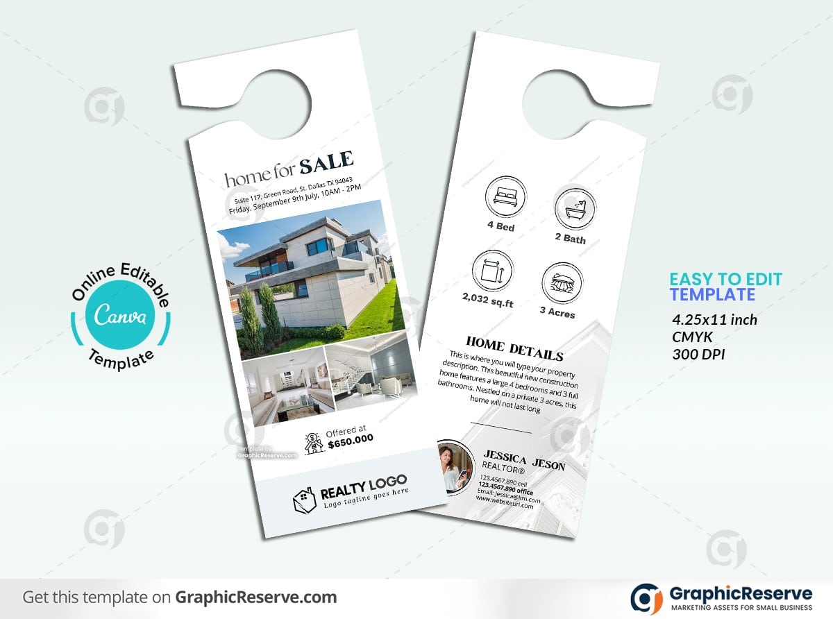 Home for Sale Real Estate Door Hanger Design (Canva template) Graphic