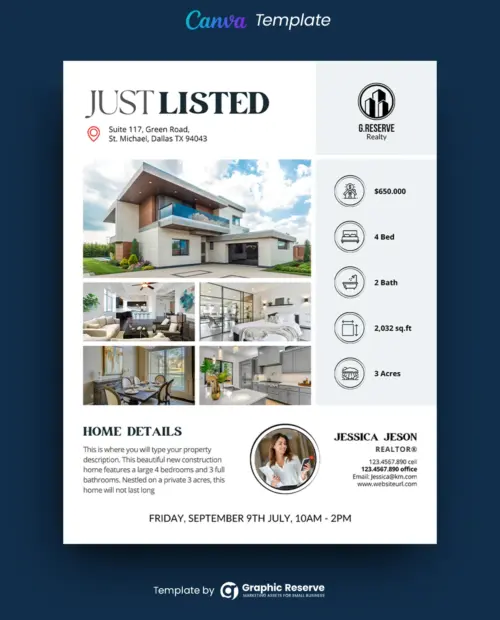 Just Listed Real Estate Flyer Design (Canva template)