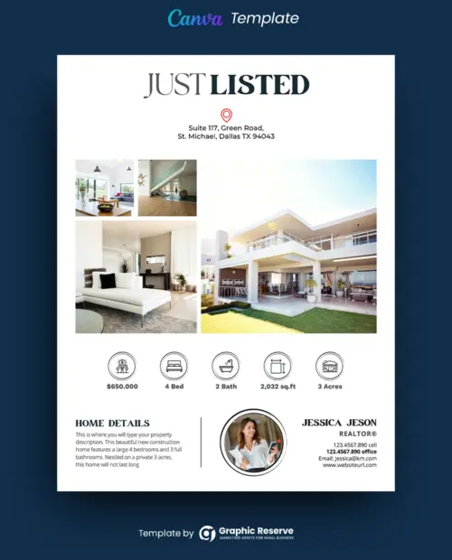 Just Listed Real Estate Flyer Design (Canva template)