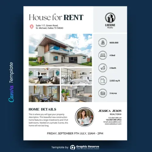 House for Rent Real Estate Flyer Design (Canva template)