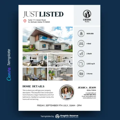 Just Listed Real Estate Flyer Design (Canva template)