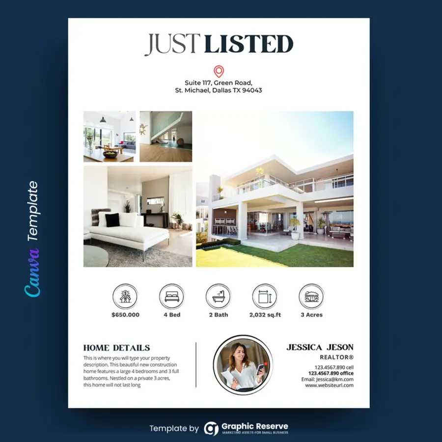 Just Listed Real Estate Flyer Design (Canva template)