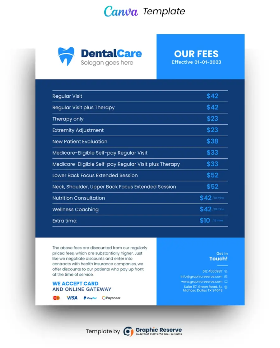 Dental Services Fee Pricing List Flyer Canva template