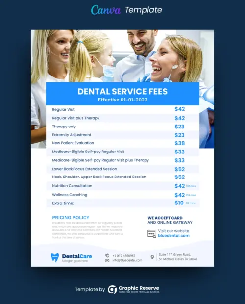 Dental Service Fees/Price List Flyer Design Canva Template