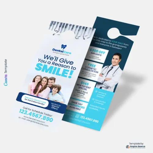 Custom Dental Promotional Door Hanger | Printable Canva Template for Dental Clinics
