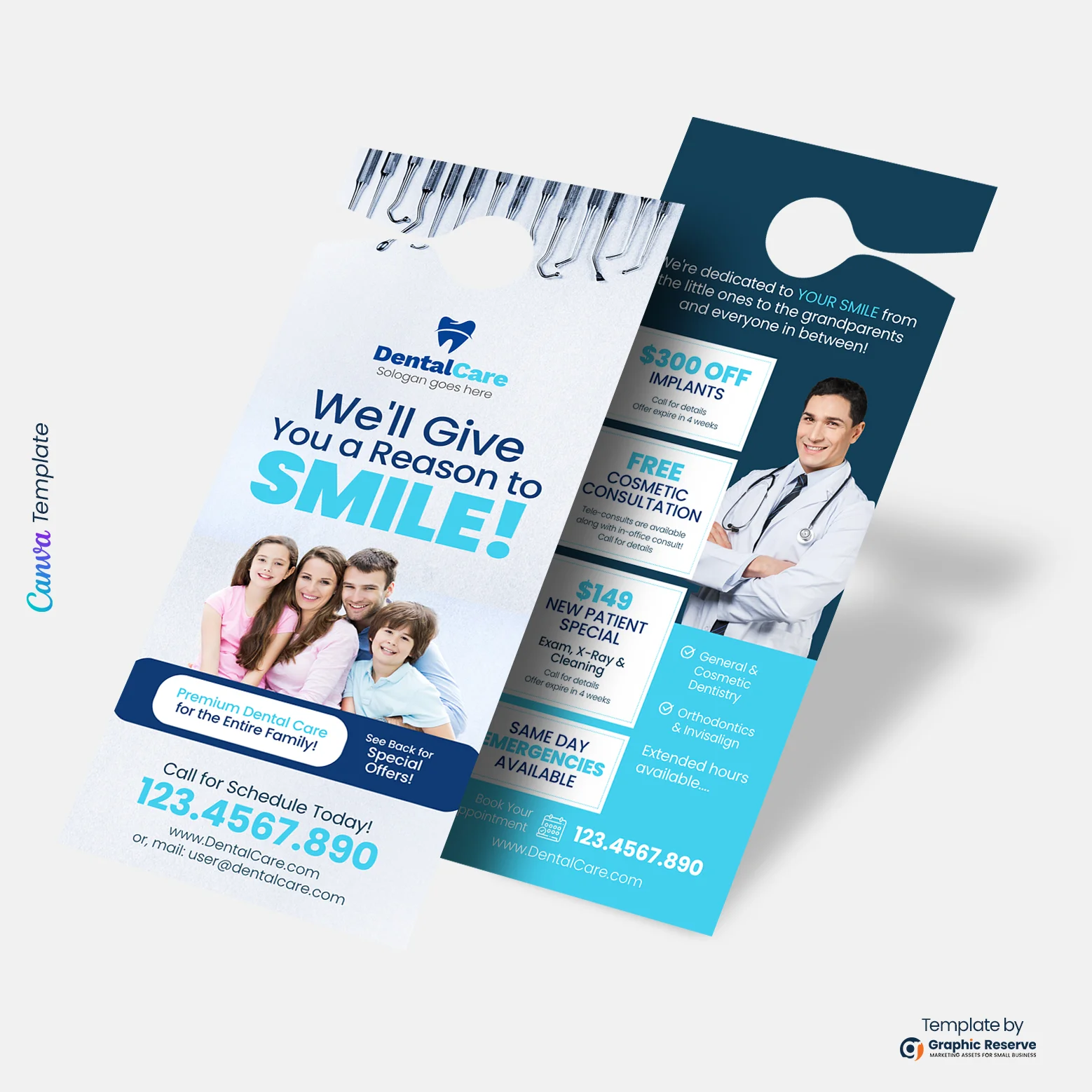Custom Dental Promotional Door Hanger | Printable Canva Template for Dental Clinics