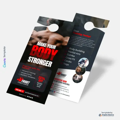 Custom Body Fitness Gym Door Hanger Design | Printable Canva Template for Fitness Centers