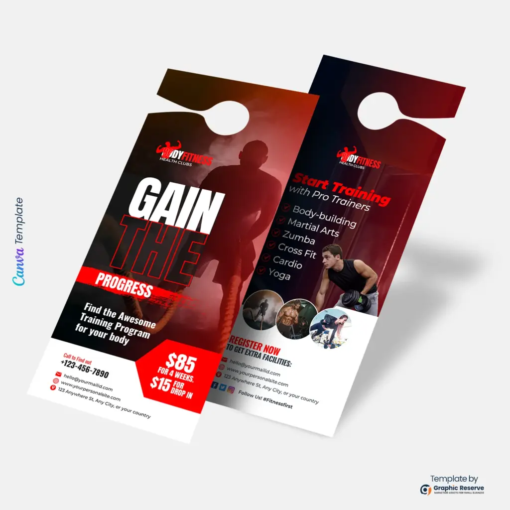 Editable Gym Fitness Door Hanger Template | Canva Design for Gym Marketing & Promotions