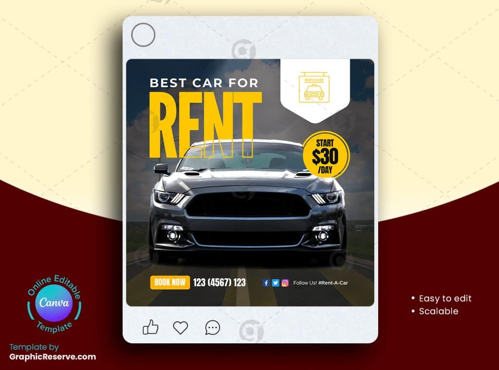 RentACar Instagram Post Design (Canva Template) Graphic Reserve
