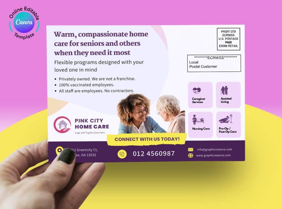 Elder Care Home car direct mail postcard