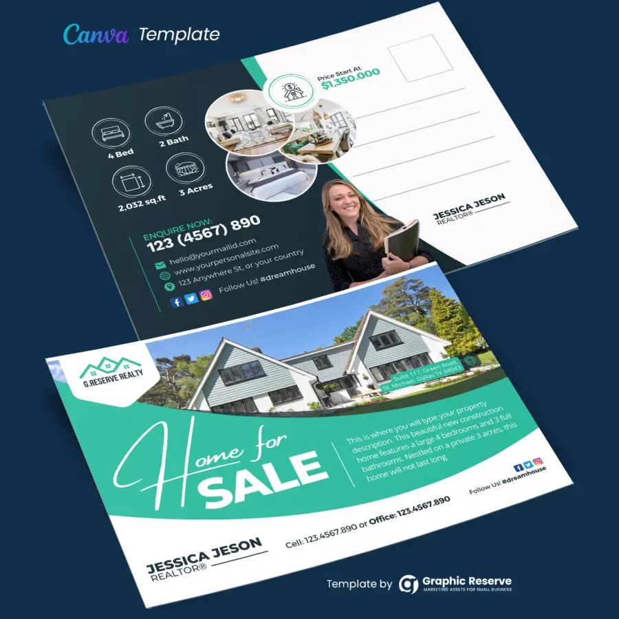 Real Estate Home for Sale Postcard Template - Canva Ready Design