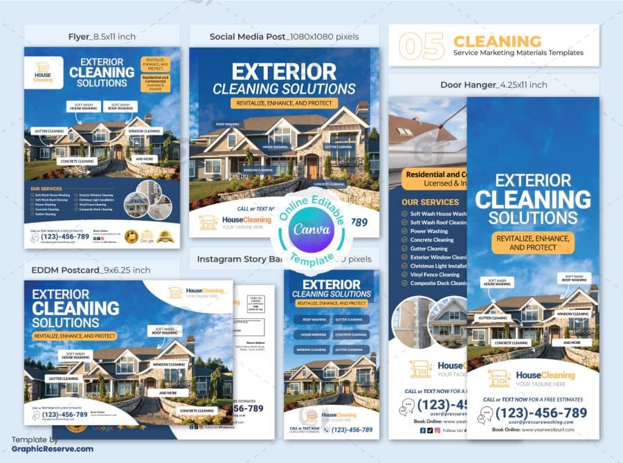 Exterior Cleaning Marketing Material Bundle Canva Templates