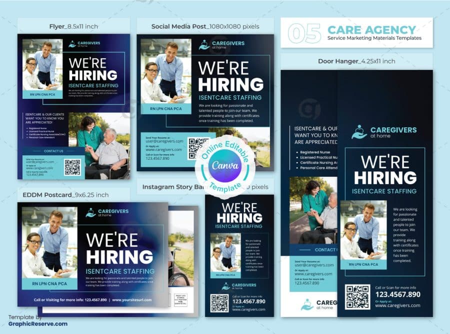 Caregivers Hiring Marketing Materials Canva Template Bundle