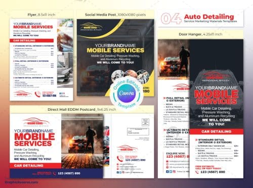 Automobile Washing Service Marketing Material Bundle Canva Template