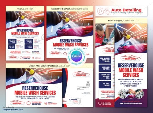 Mobile Wash Service Marketing Material Bundle Canva Template
