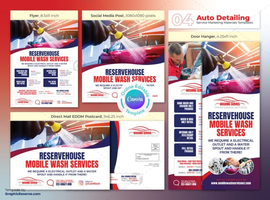 Mobile Wash Service Marketing Material Bundle Canva Template