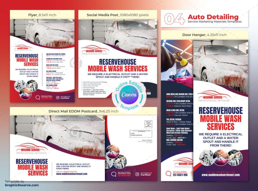 Mobile Wash Service Marketing Material Canva Template Bundle