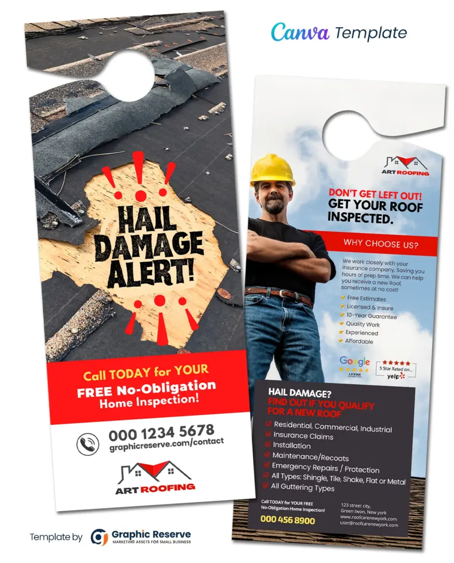 hail damage alert roofing door hanger design canva template