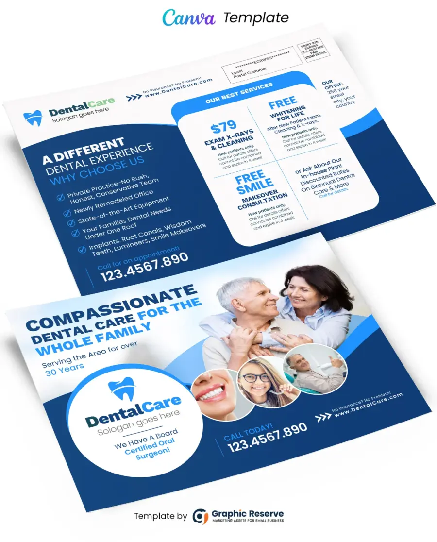 Dental Advertising Mailer Postcard Design – Canva Editable Template