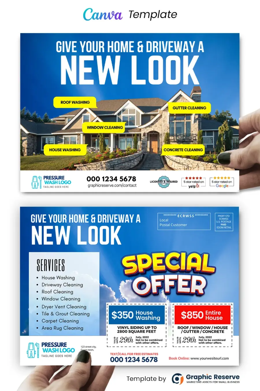 Soft Washing Business Advertising Bundle – EDDM Postcard, Coupon Flyer, Quote & Review Cards (Editable Canva Templates) - Image 5