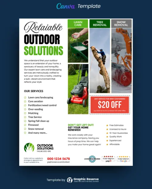 Lawn Care, Tree, & Snow Removal Flyer Design Canva Template (2Styles)