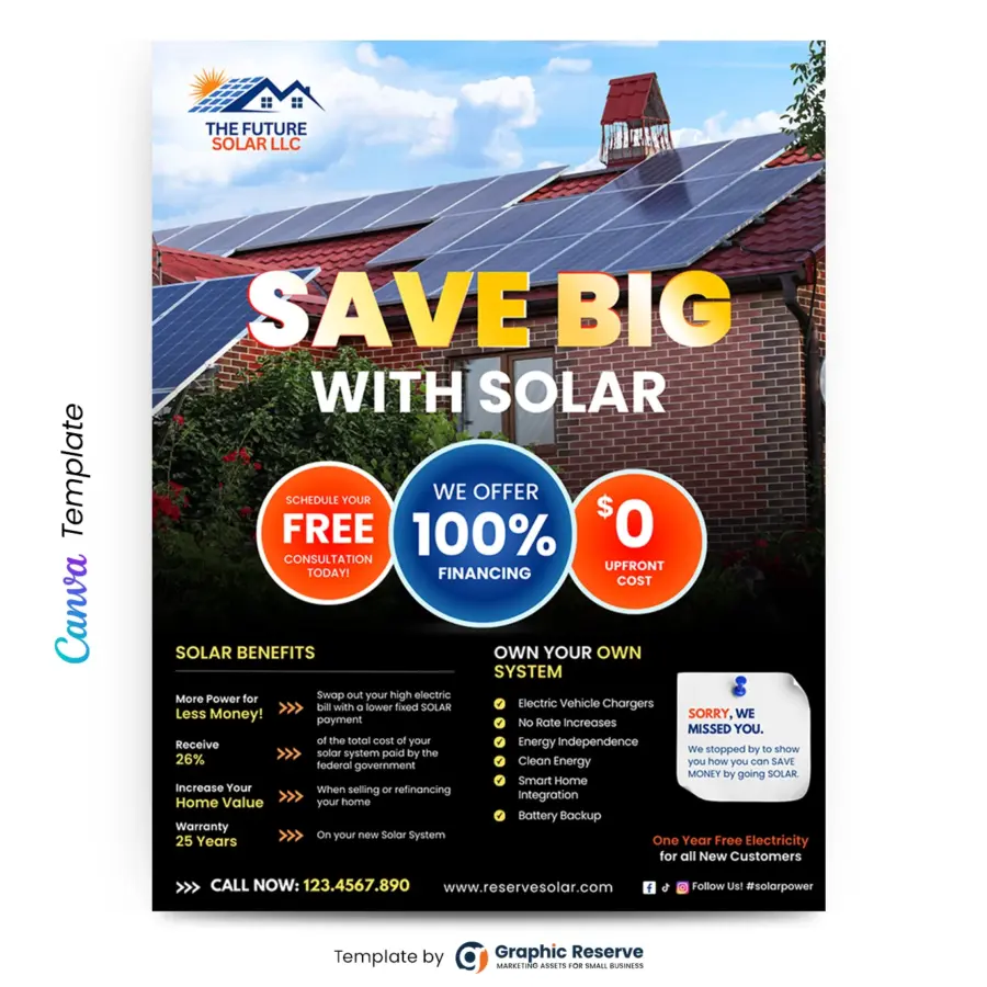 Solar Energy Marketing Flyer Design Canva Template – Editable for Solar Ads