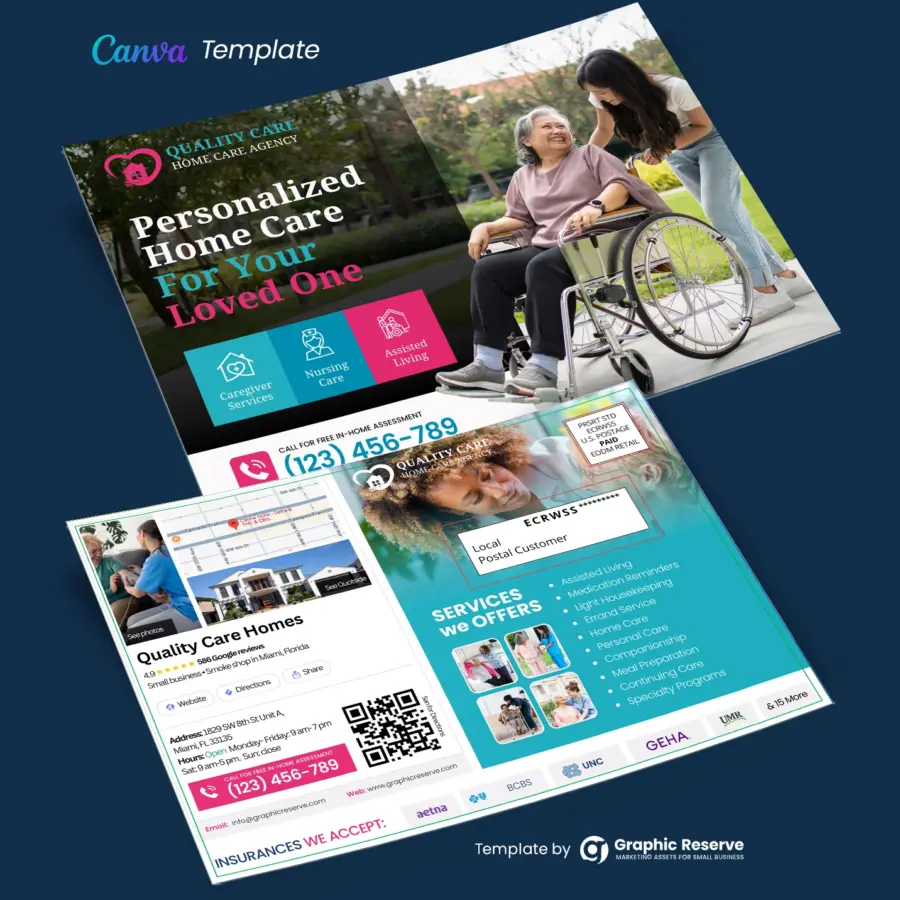 Home Care Service Advertising EDDM Postcard Design Canva Template
