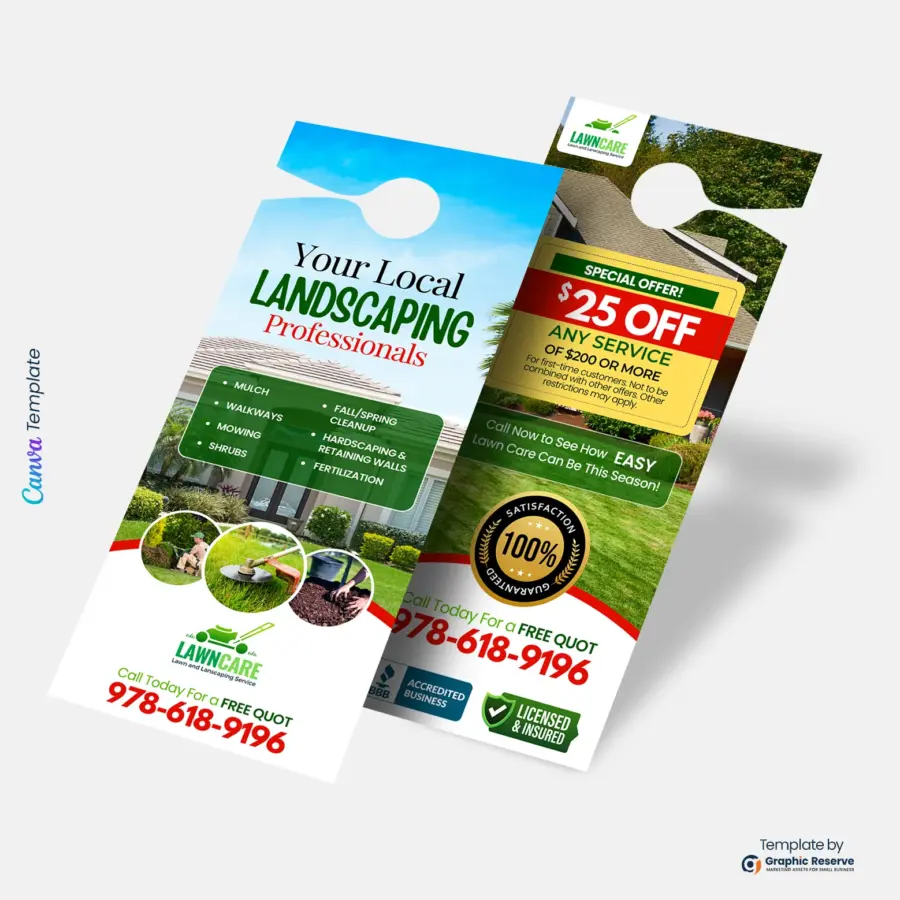 Customizable Lawn Service Door Hanger Template – Canva Lawn Care Marketing Design