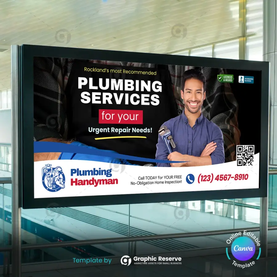 Plumbing Business Advertising Billboard Template – Editable Canva